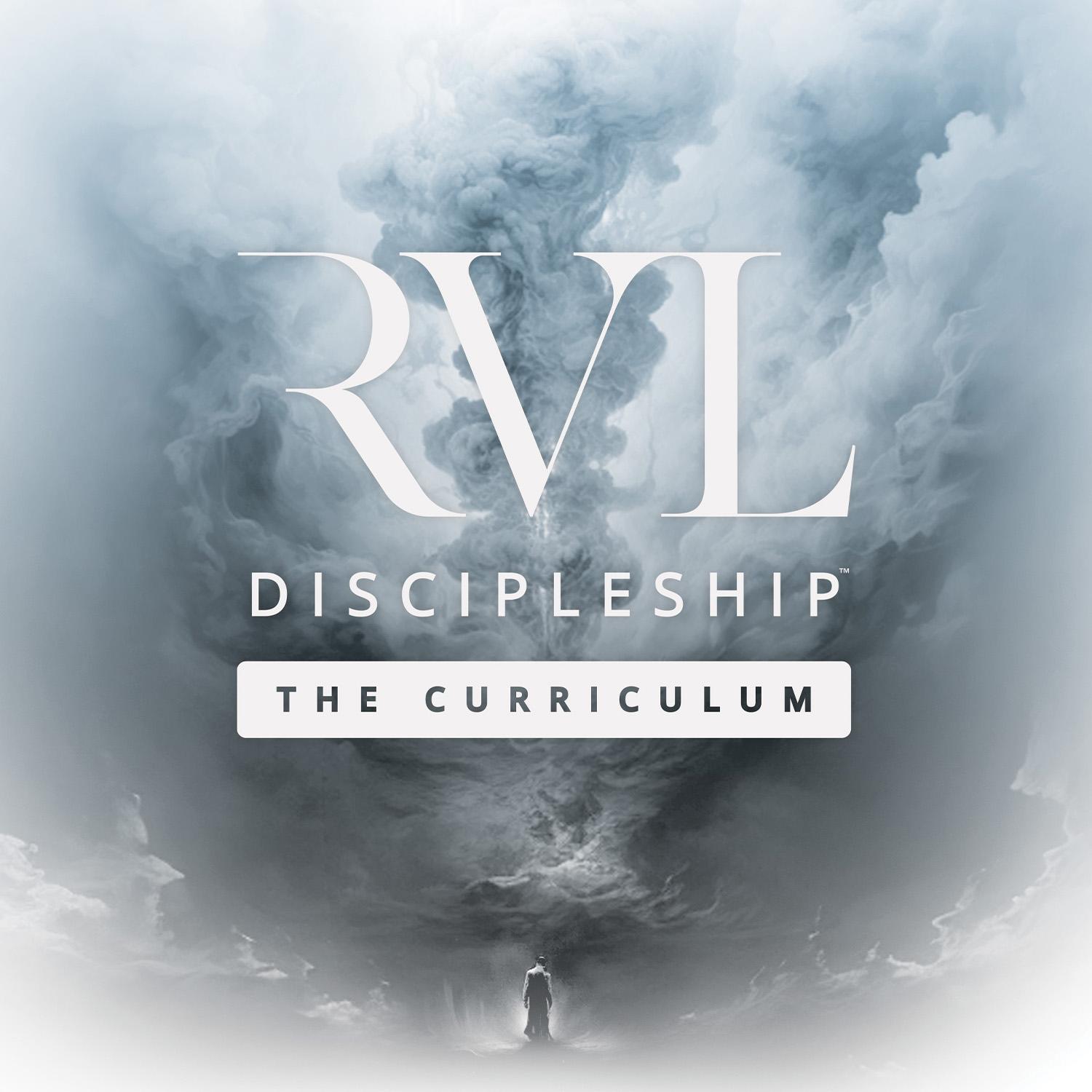 Illustration of dark blue and gray clouds with a figure standing at the bottom center. Text reads: RVL Discipleship: The Curriculum