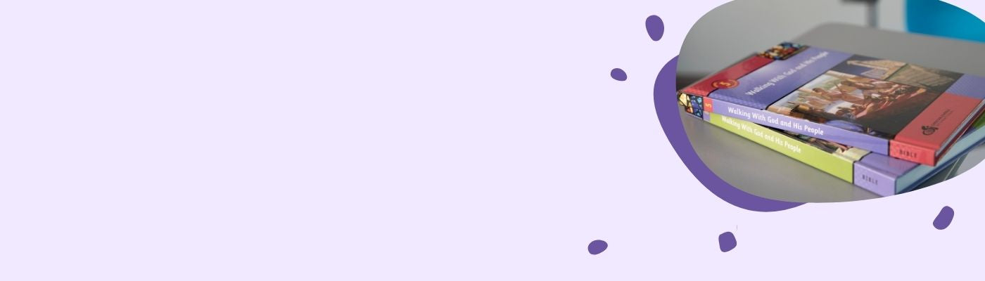 A pastel purple background with a purple circular splash of color with an image of two Walking With God and His People curriculum book together on a desk.
