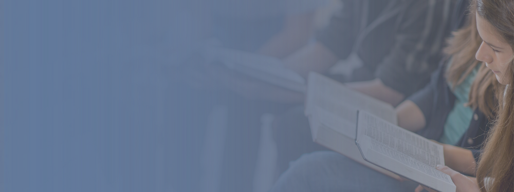 Background image of students in a circle studying the Bible together with a blue gradient overlay