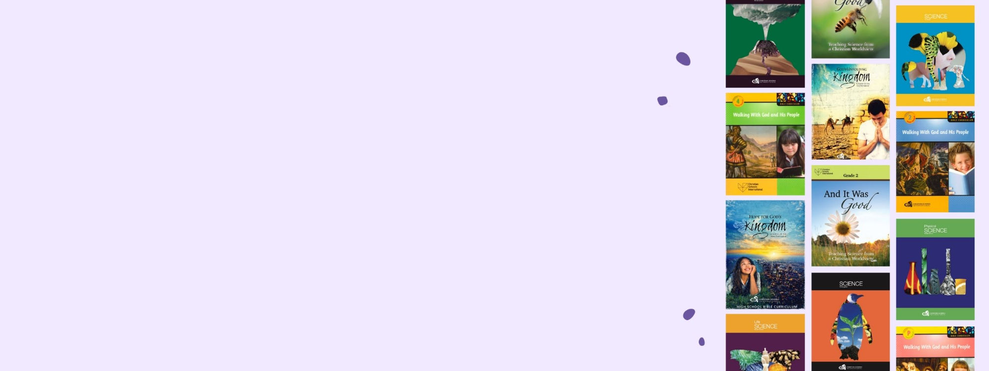 A grid of CSI Bible and science curriculum and And It Was Good book covers on a pastel purple background