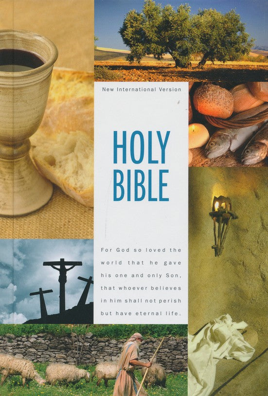 Cover of a Bible with images of a cup, bread, fish, and shepherd with sheep. Title is: NIV Textbook Bible 2011 Edition