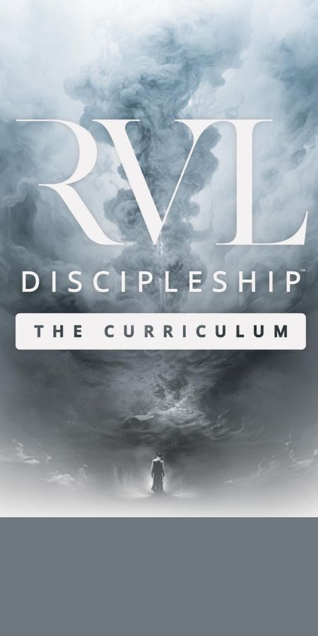 A dark blue and gray image with clouds and figure in the center. Text reads: RVL Discipleship: The Curriculum