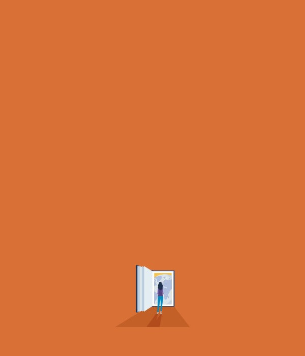 Illustration of a person standing in an open door on an orange background