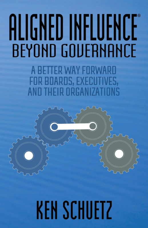Book cover for "Aligned Influence," featuring interlocking gears and text highlighting organizational strategies for boards and executives, set against a blue background.