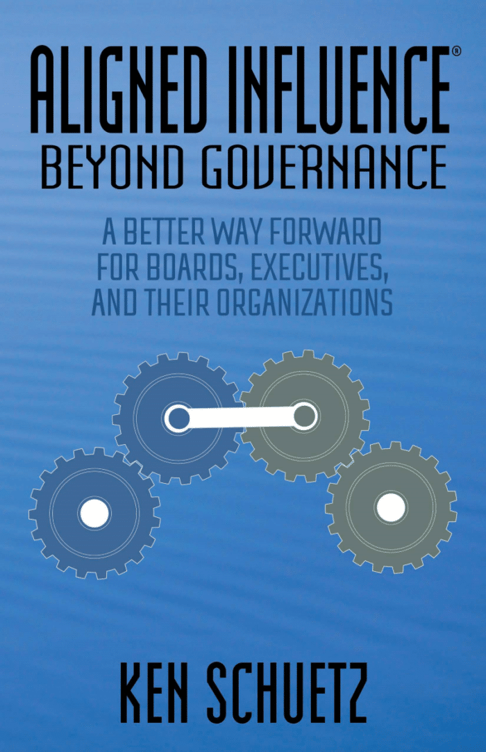 Book cover for "Aligned Influence," featuring interlocking gears and text highlighting organizational strategies for boards and executives, set against a blue background.