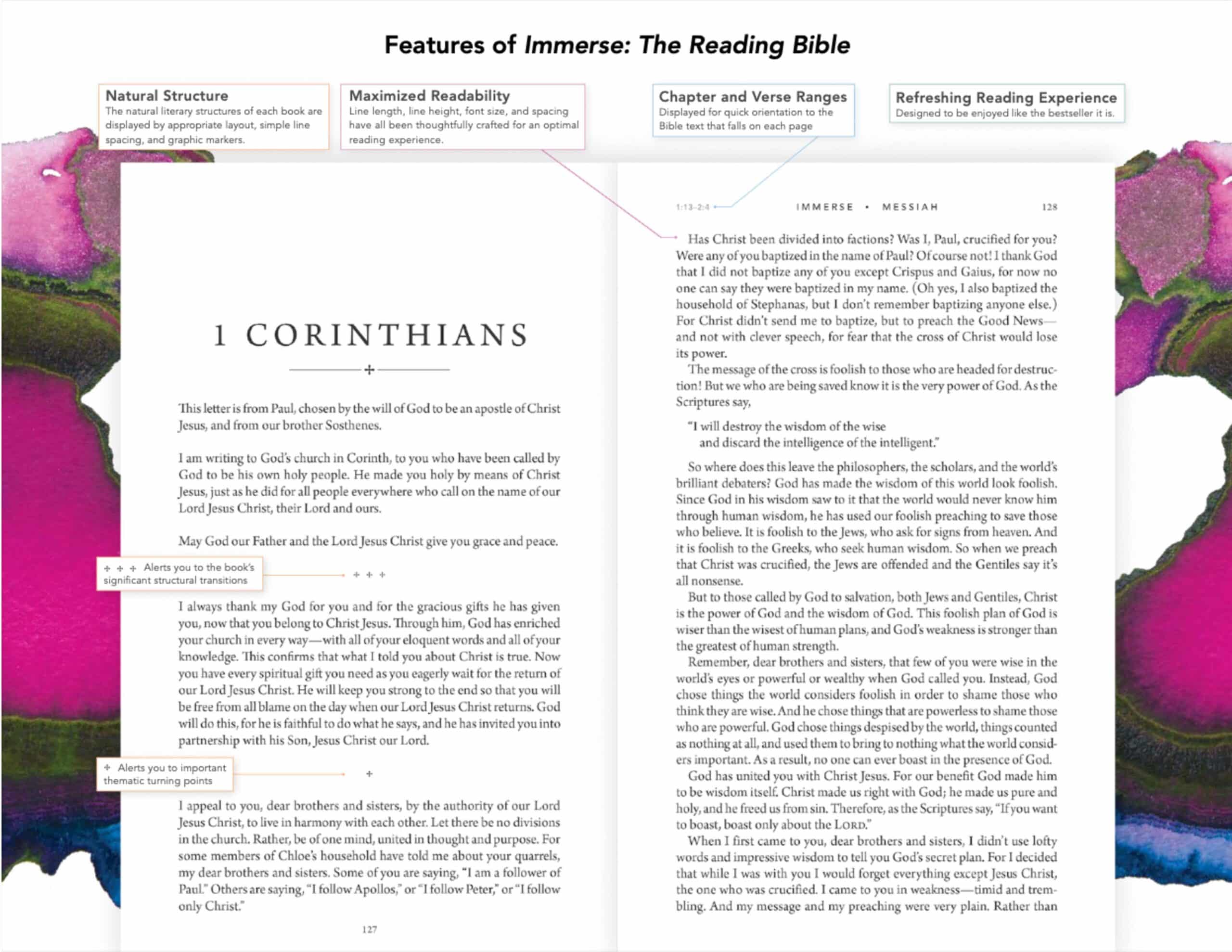 A two-page spread of "Immerse: The Reading Bible" shows the start of 1 Corinthians, with annotations highlighting features like natural structure, readability, and absence of verse numbers.
