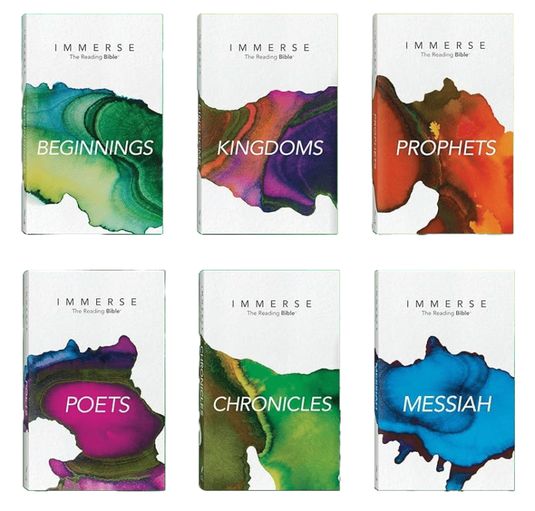 Six books from the "Immerse: The Reading Bible" series are displayed, titled Beginnings, Kingdoms, Prophets, Poets, Chronicles, and Messiah, each with a colorful abstract cover.