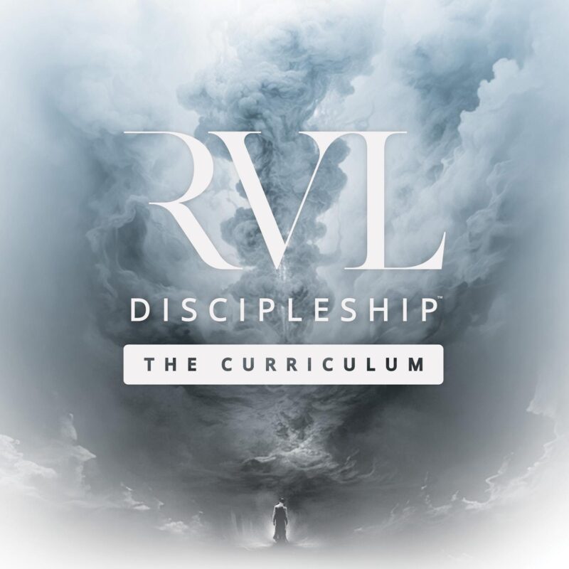 A person stands at the bottom center beneath swirling clouds, with the text "RVL Discipleship The Curriculum" prominently displayed in the sky above.